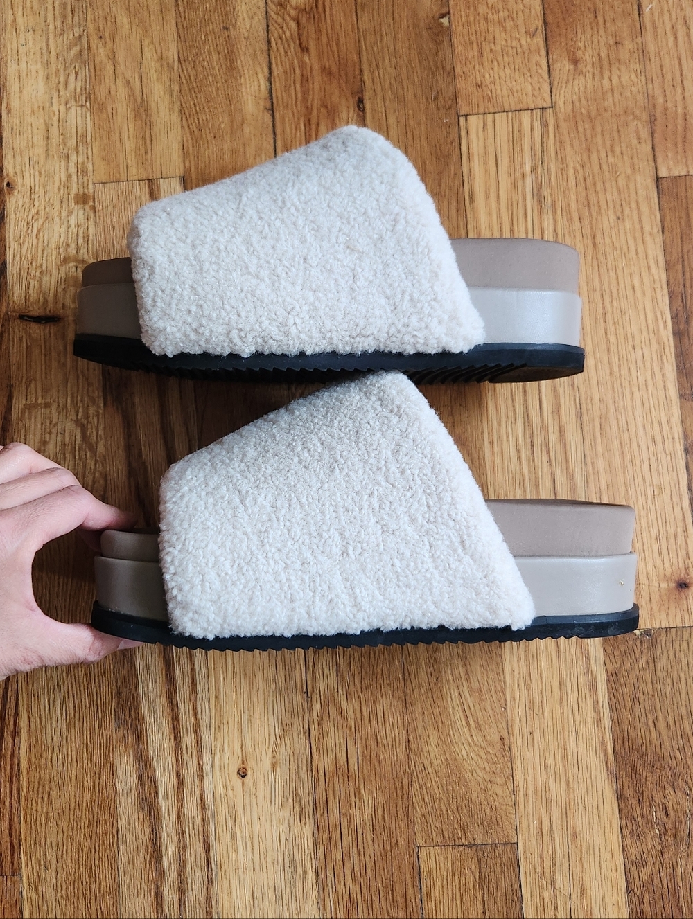 ROAM Cream Shearling Slide Sandals with Taupe Platform - Picture 5 of 10